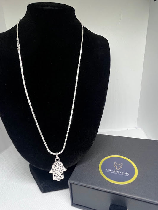Silver Hamsa Pendant w/ 18'' Silver Wheat Chain(1.25mm)