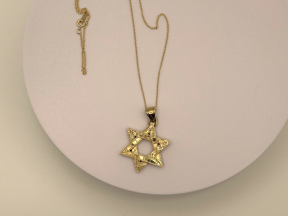 10kt Solid Yellow Gold Star of David Magen Script Engraved Pendant w/ attached Tapered Bail