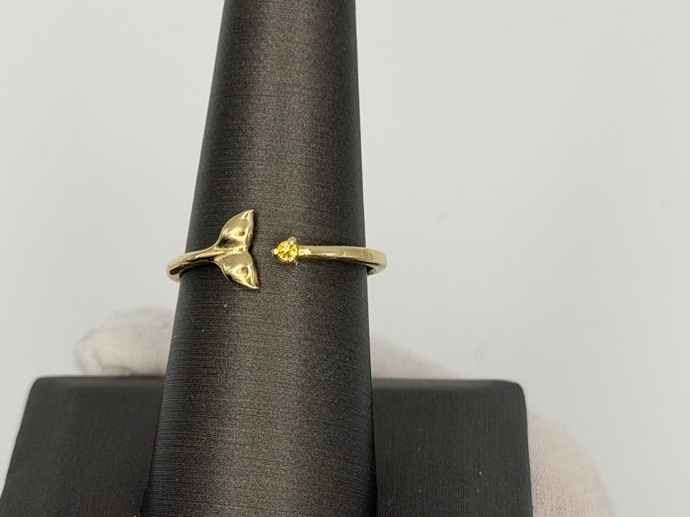 10kt Solid Yellow Gold with Natural Yellow Sapphire Dolphin Whale Tail Fish Ocean Stacker Ring