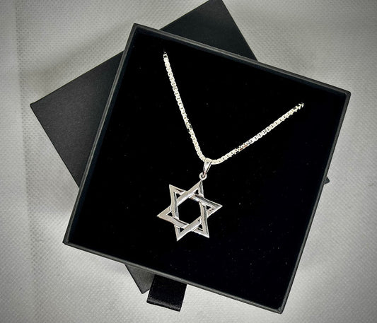 Silver Magen David w/ 18'' Diamond-Cut Box Chain(1.75mm)