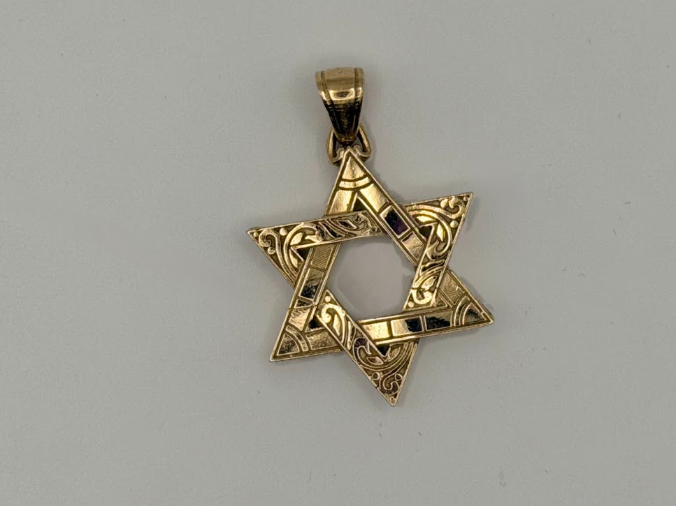 10kt Solid Yellow Gold Star of David Magen Script Engraved Pendant w/ attached Tapered Bail