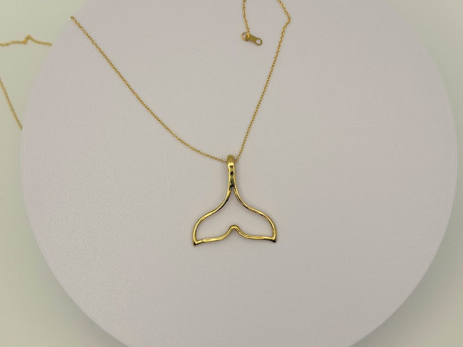 10kt Solid Yellow Gold Large Whale Tail Fish Tail Pendant Necklace w/ 16'' 1mm Cable Chain