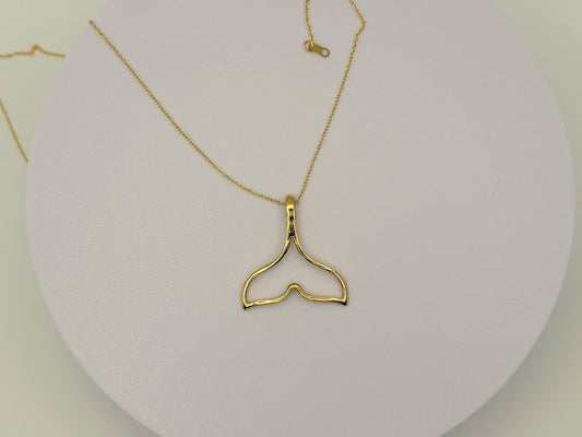 10kt Solid Yellow Gold Large Whale Tail Fish Tail Pendant Necklace w/ 16'' 1mm Cable Chain