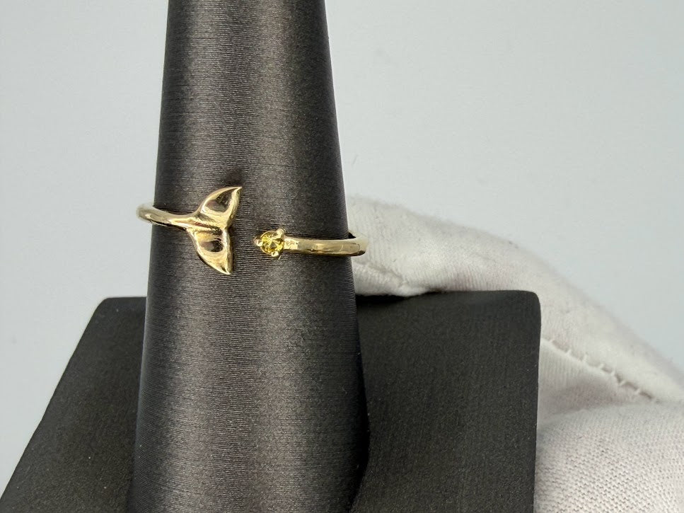 10kt Solid Yellow Gold with Natural Yellow Sapphire Dolphin Whale Tail Fish Ocean Stacker Ring